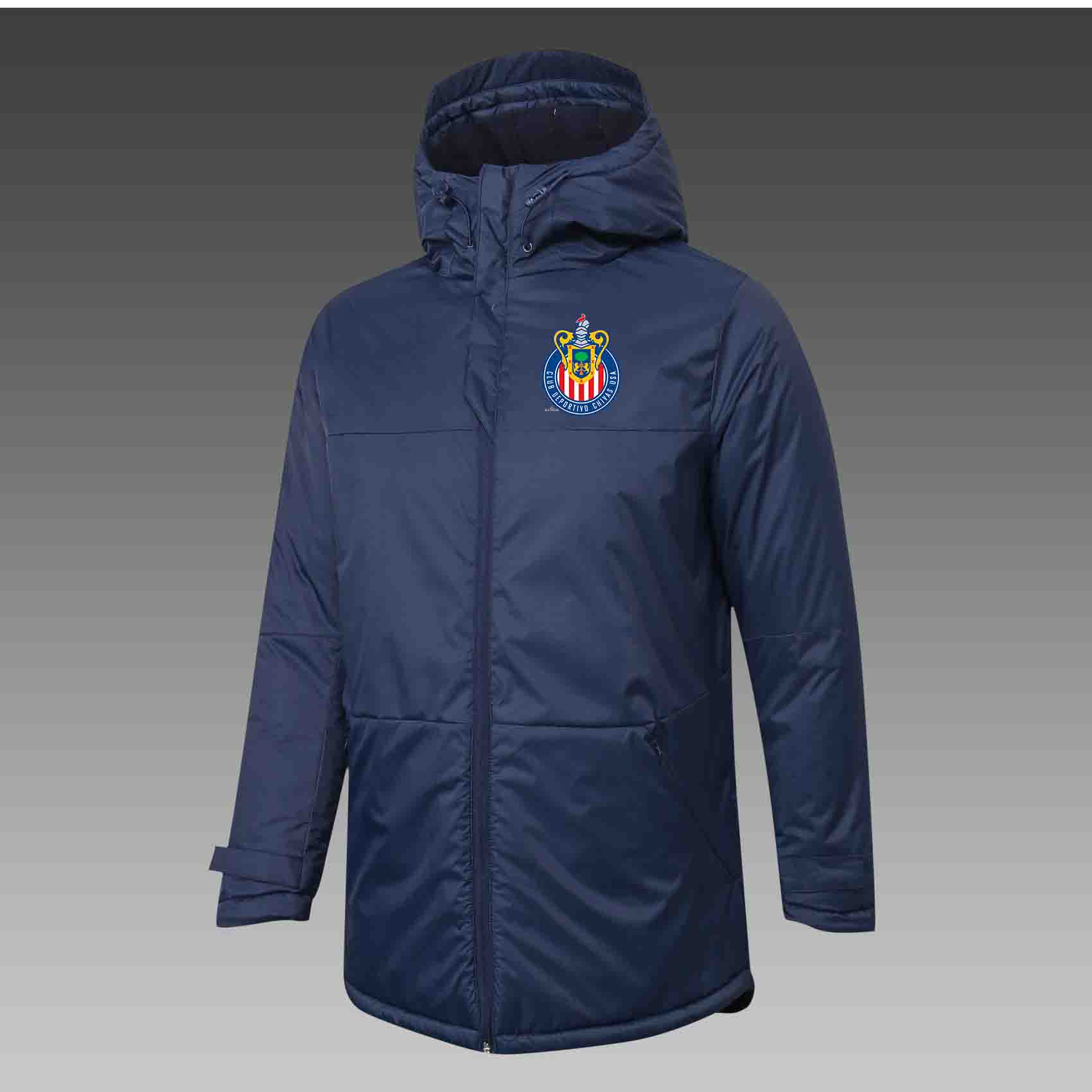 

Mens Chivas USA Down Winter Jacket Long Sleeve Clothing Fashion Coat Outerwear Puffer Soccer Parkas Team emblems customized, No 3