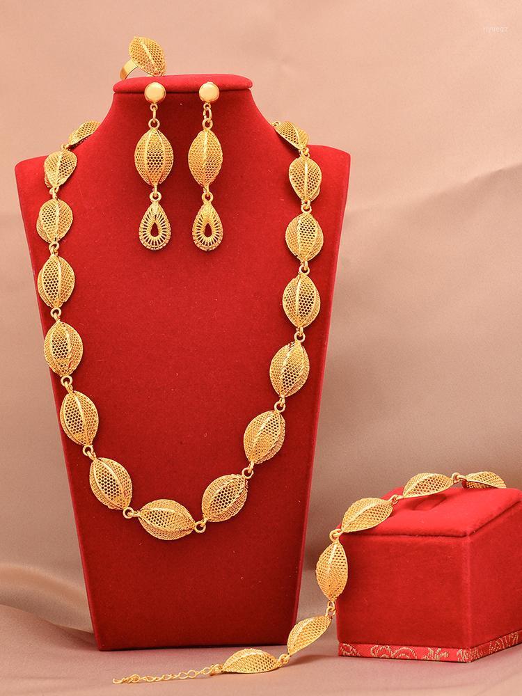 

Earrings & Necklace 24K Dubai Gold Color Jewelry Sets For Women African India Party Wedding Pendant Bangles Set Gifts, As pic