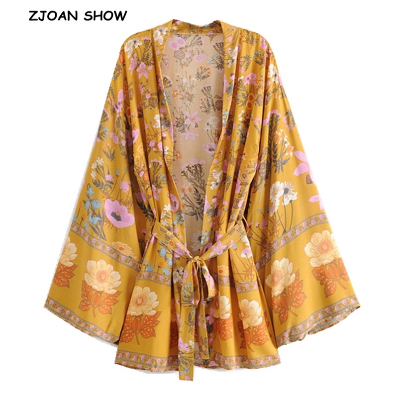 

2021 New Women Bohemian Yellow V neck Flower Print Kimono Shirt Holiday Beach Tide Bow Sashes Mid Long Cardigan Blouse Tops
