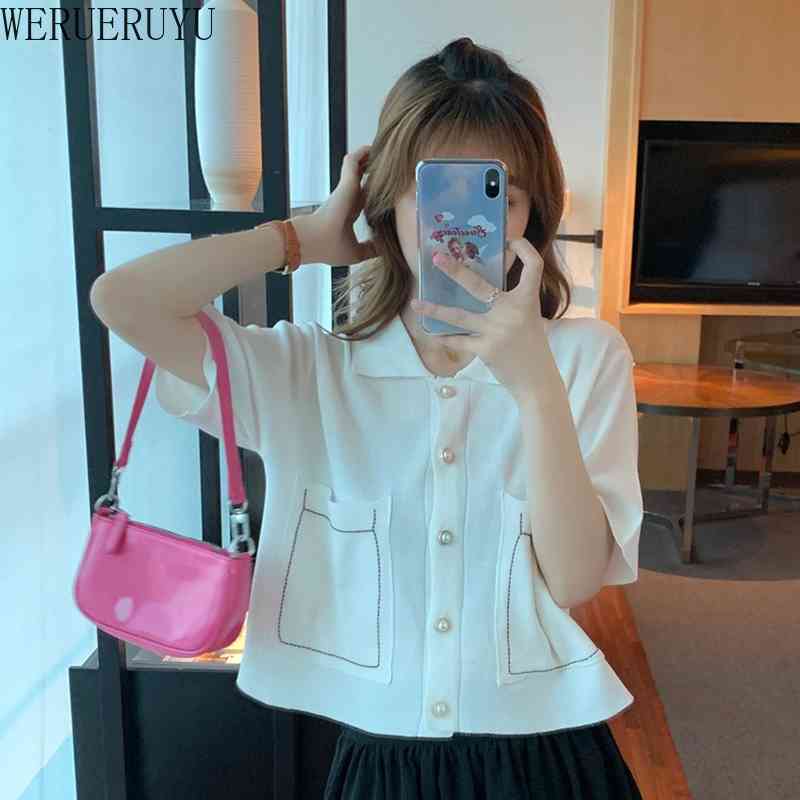 

WERUERUYU POLO Collar Cardigan Button Short Sleeve Knitted Summer Top Casual Top Women White 210608, Photo color