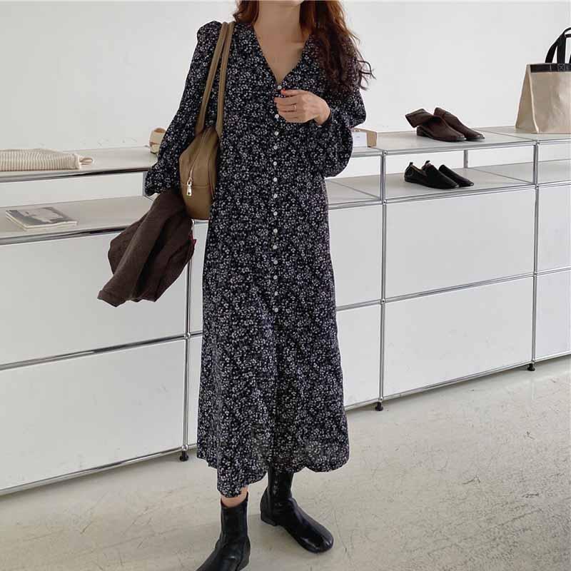 

Casual Dresses Long-sleeved Korean Print Dress For Women Split Long Vintage Single-breasted Floral V-neck Mid-length Party 11664, Black;gray