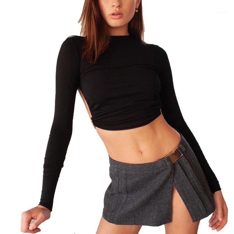 

Women' Slim Shirt Backless Top Elastic Party Lace-up Pleated Loose Fall Long Sleeve Round Collar Clothes Cotton Suitable T-Shirt, White