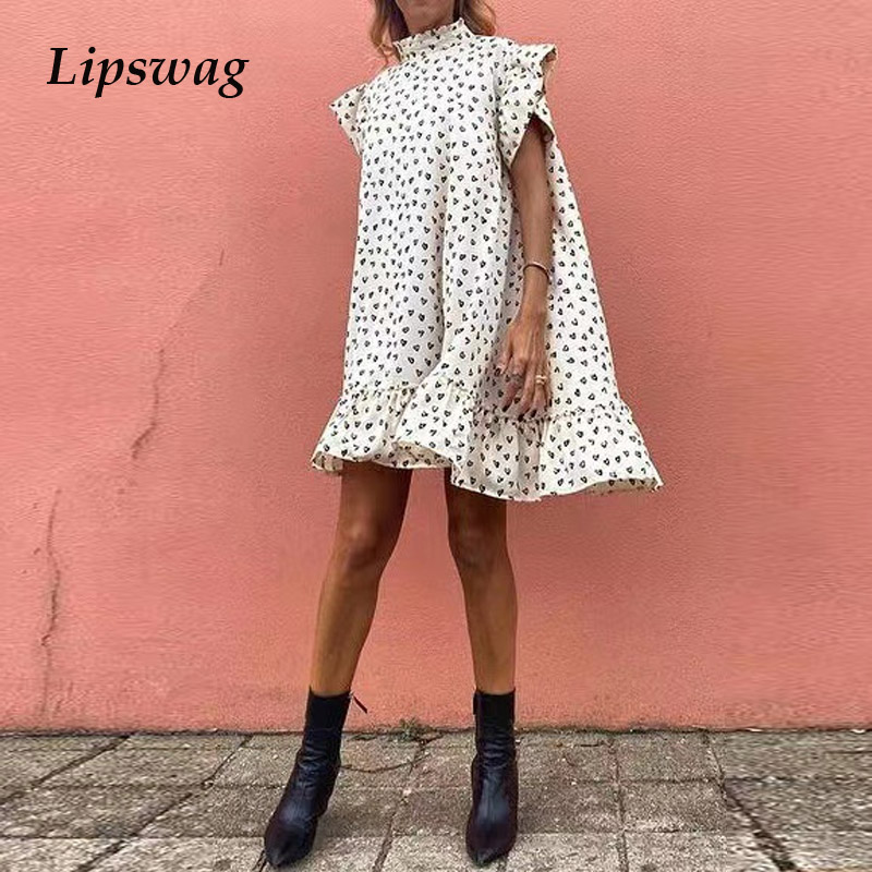 

elegant ruffle turtleneck women loose mini dress fashion heart print beach party dress casual short sleeve summer dress vestidoshigh quality, Black;gray