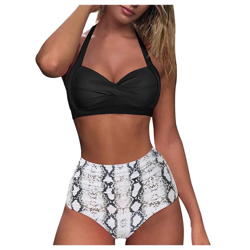 

Women's Swimwear Summer Fashion Women Vintage Swimsuit Two Pieces Retro Halter Ruched High Waist Print Bikini Set Black Polyester, White;black
