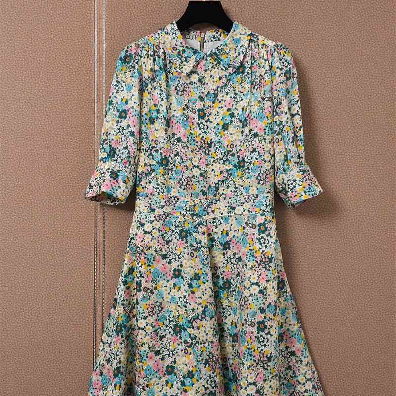 

Truevoker European High End Women Prom Robe Lady Half Sleeve Peter Pan Collar Multicolor Flower Print Boutique Cottagecor Dress 210602, Multi