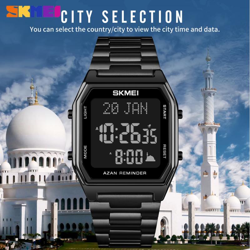 

Muslim Qibla Digital Watch Religious Month Wristwatch Male Clock LED Chronograph Electronic Wristwatches Reloj Hombre, Gold-black