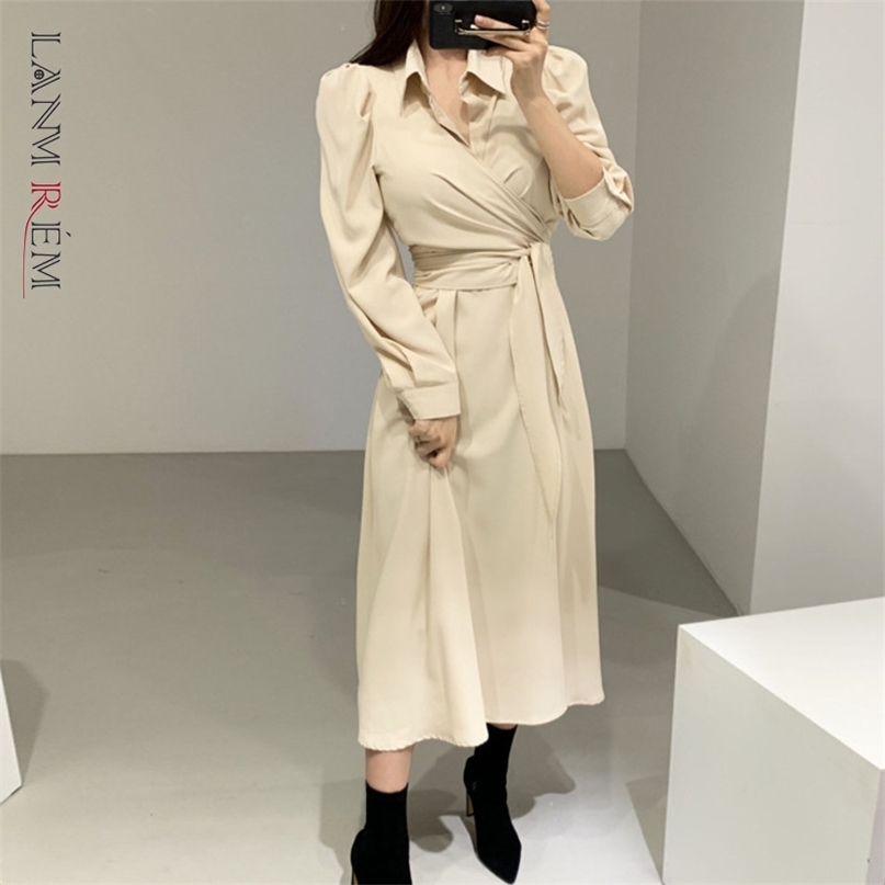 

Spring And Summer Shirt Dress For Women Long Sleeve Lapel Korean Elegant Design Bandage Party Dresses 2D1746 210526, Pink