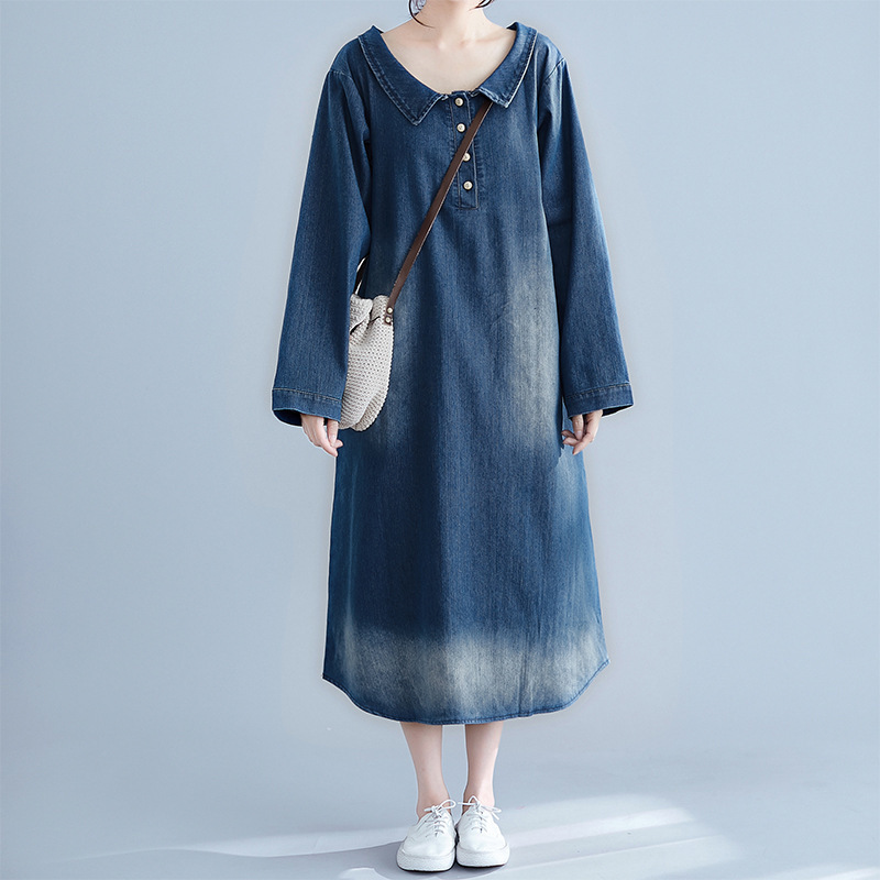 

Johnature Women Denim Shirt Dresses Korean Style Blue Spring Plus Size Women Cloths Button Fashion Loose Dresses 210521