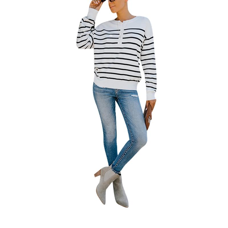 

Women' Sweaters 2021 Women Casual Knit Sweater Adults Striped Print Long Sleeve Round Neck Pullover With Button Decor White/Khaki/Grey /M, Gray