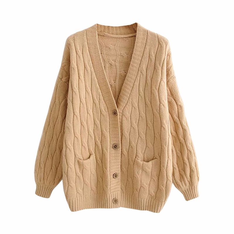 

Stylish Sweet Women Pockets Cardigans Chic Female Knitwear Casual Ladies V-Neck Single Breasted Sweater Coat 210520, As picture 1