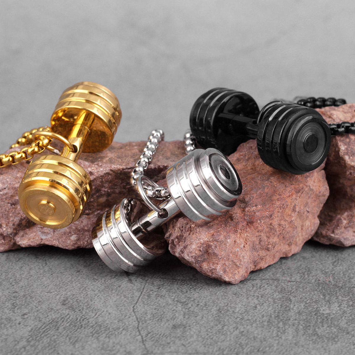 

Gold Black Dumbbell Fitness Men Necklaces Pendants Chain for Boyfriend Male Stainless Steel Jewelry Creativity Gift Wholesale