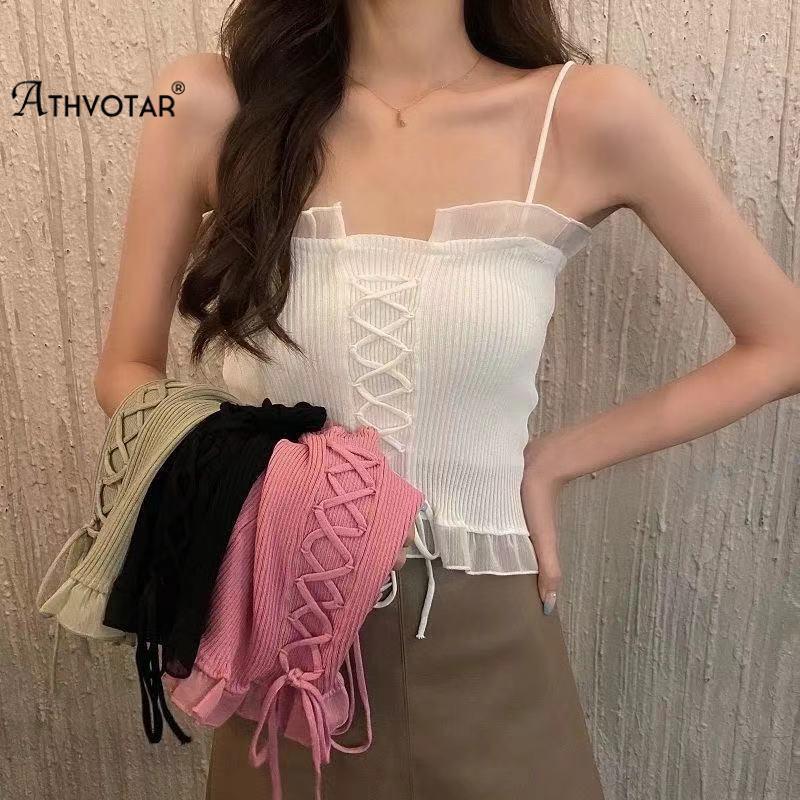 

Sexy Knitting Camisole Solid Color Ruffle Vest Korean Style Backless Comfortable Breathable Female Top 2021 Camisoles & Tanks, Blue
