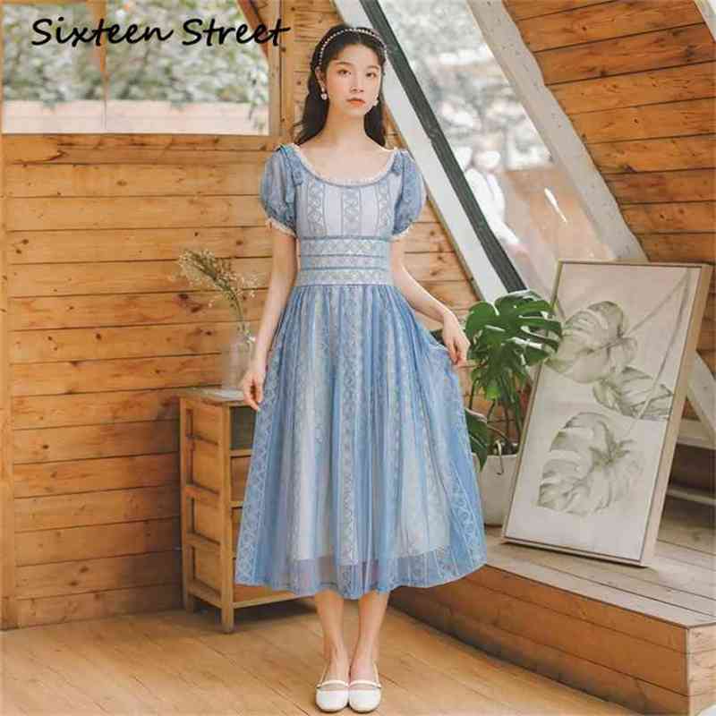 

Lace Women Dress Short Sleeve Off The Shoulder Evening Party Mid-calf Vestidos Midi for Summer Vintage 210603, Blue