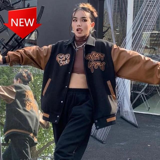 

Women's Jackets Uniform Jacket Female Autumn Winter Couple Embroidered Long Sleeve Hip Hop Bomber 2021 Retro Leather Stitching Baseball, Black;brown