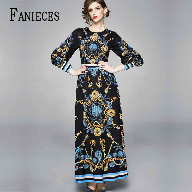 

Luxurious Spring Summer Fall Women Runway Fashion Baroque Print Long Sleeve dress office Party Casual Maxi Dresses ropa mujer 210520, Black