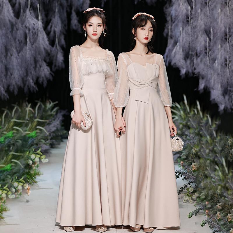 

Ethnic Clothing Bridesmaid Wedding Elegant Square Collar Party Dress Sweet Mesh Sleeve Long A-Line Dresses Exquisite Pearl Banquet Gown