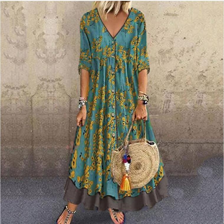 

plus size summer long women dress v neck floral printed 3 4 sleeve maxi swing casual loose, Black;gray