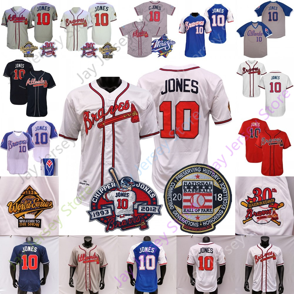 

Chipper Jones Jersey 1995 WS White Grey Vintage 2018 Hall Of Fame Retirement Patch Cream Navy Red Pullover Size S-3XL, Adult