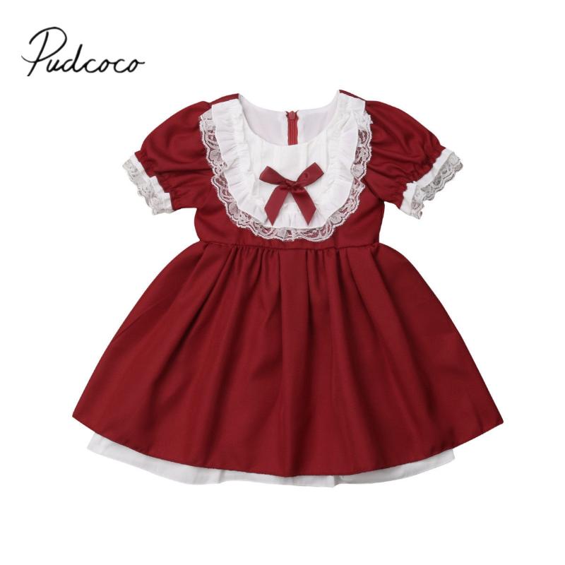 

Girl's Dresses 2021 Brand Xmas Princess Gown Infant Kids Baby Girls Dress Bowknot Lace Red Knee-Length A-Line Outfit 0-5Y, Red;yellow