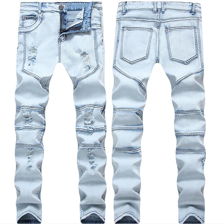 

High street Fashion men's light blue personality Stitching ripped jeans Straight leg men's stretch slim pants