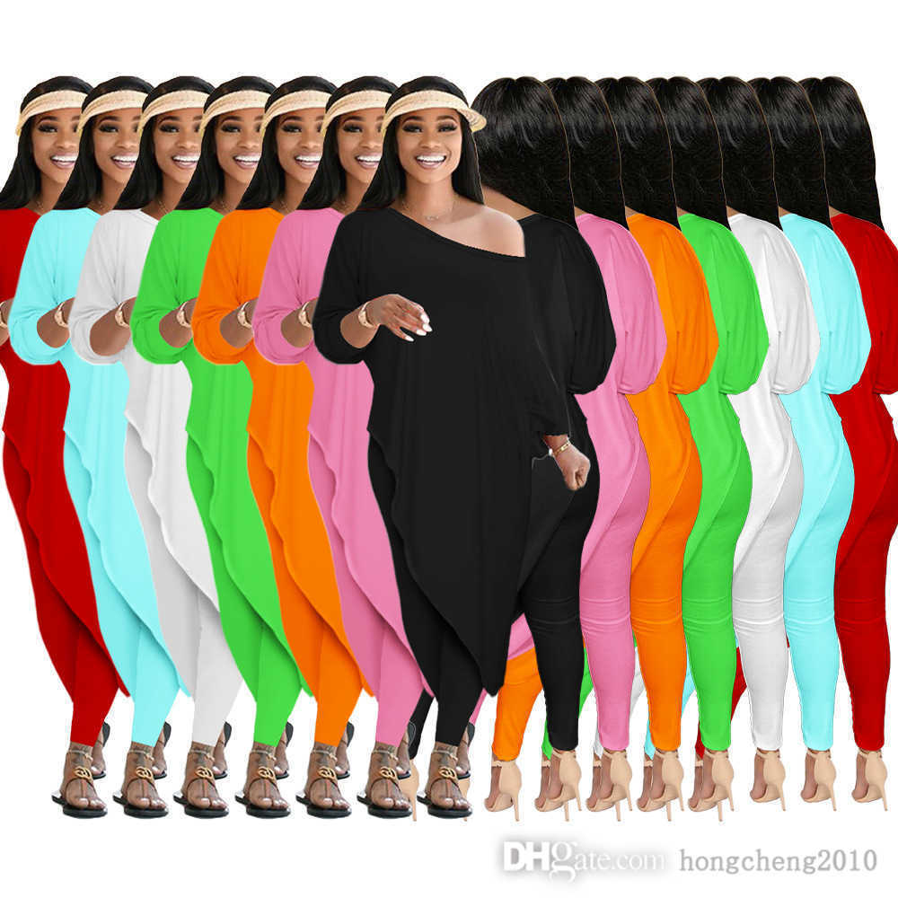 

2022 Autumn Designer Women Two Piece Pants Set Popular Loose Slant Shoulder Outfits Fashion Long Sleeve Irregular T Shirt Leggings Suits, Fluorescent green