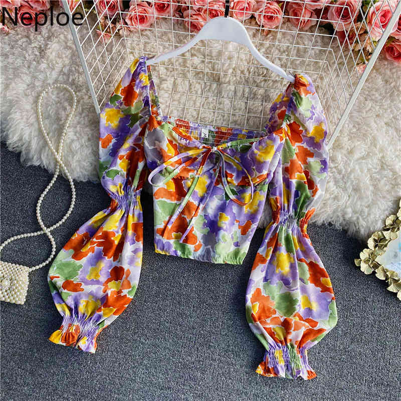 Neploe Blusas Mujer De Moda Fashion Flare Sleeve Crop Tops Square Collar Backless Pleated Shirt Print Chiffon Blouses Women 210422