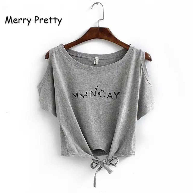 

Merry Pretty Women Cotton T-shirt Fashion Lace Up Short T Shirts print Sexy Off Shoulder Top Casual Basic Female Crop 210526, Gray