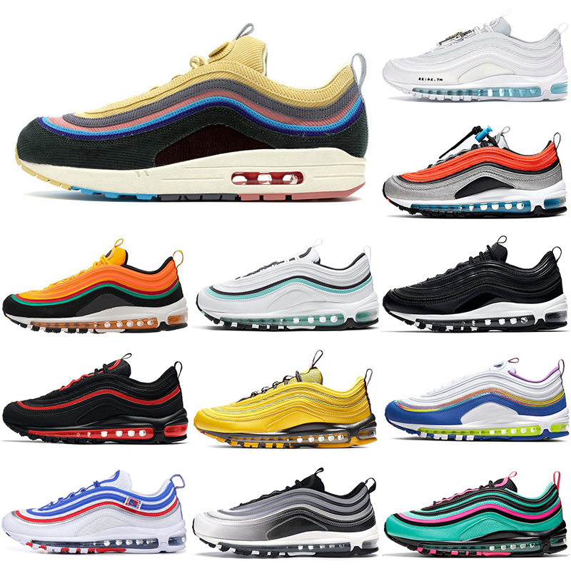 Nouvelle mode Chaussures de course originales 97 pour hommes Femmes Mschf x Inri Jésus Skin Sunburst Aurora Green Jeu Loyal Gradient Fondu Fondu
