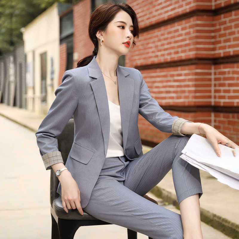 

autumn and winter elegant women's pants suits High quality striped slim ladies jacket Casual trousers Two-piece suit 210527
