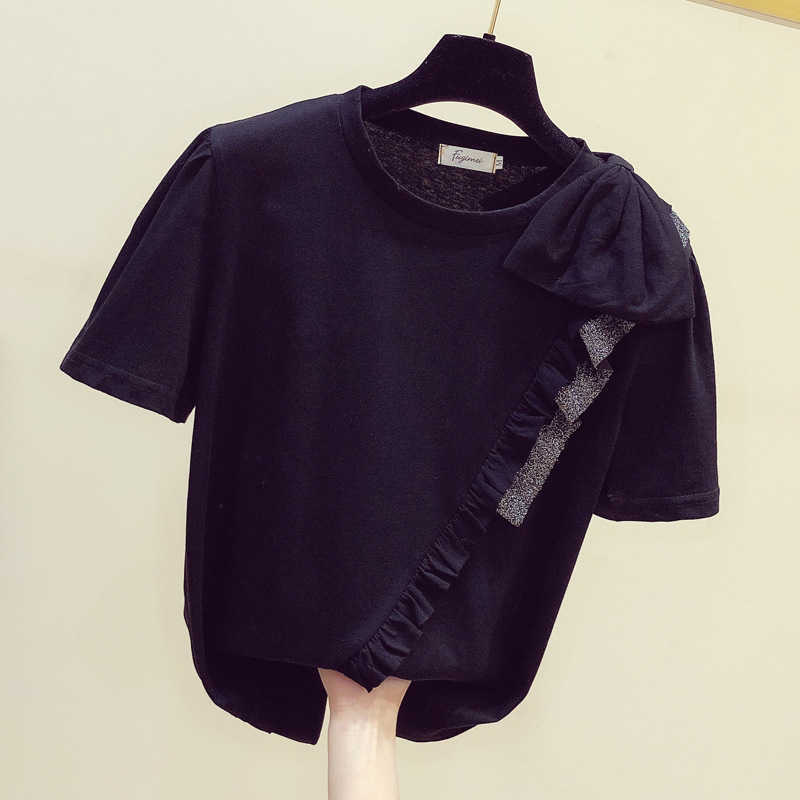 

Spring Summer Bow Patchwork O Neck Short-sleeved Black T-shirt Women Tops 210615