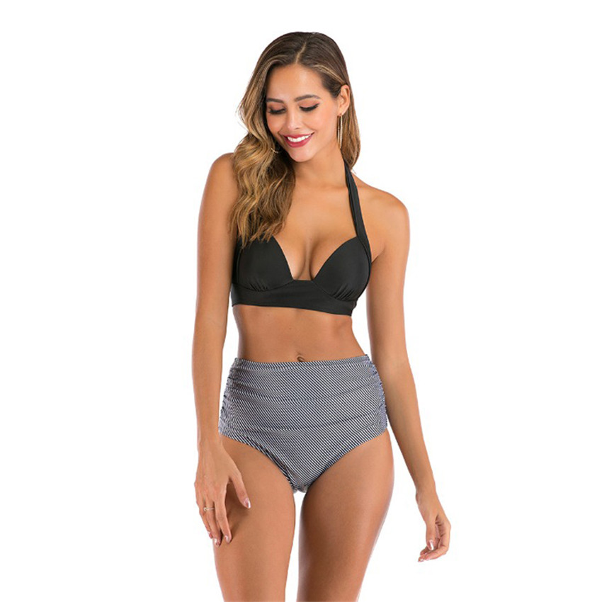 In stock Women's Swimwear halter high waist solid multi color print split Two-pieces bikini neck band Sexy Swim suit 15 colors quality-image-688061476