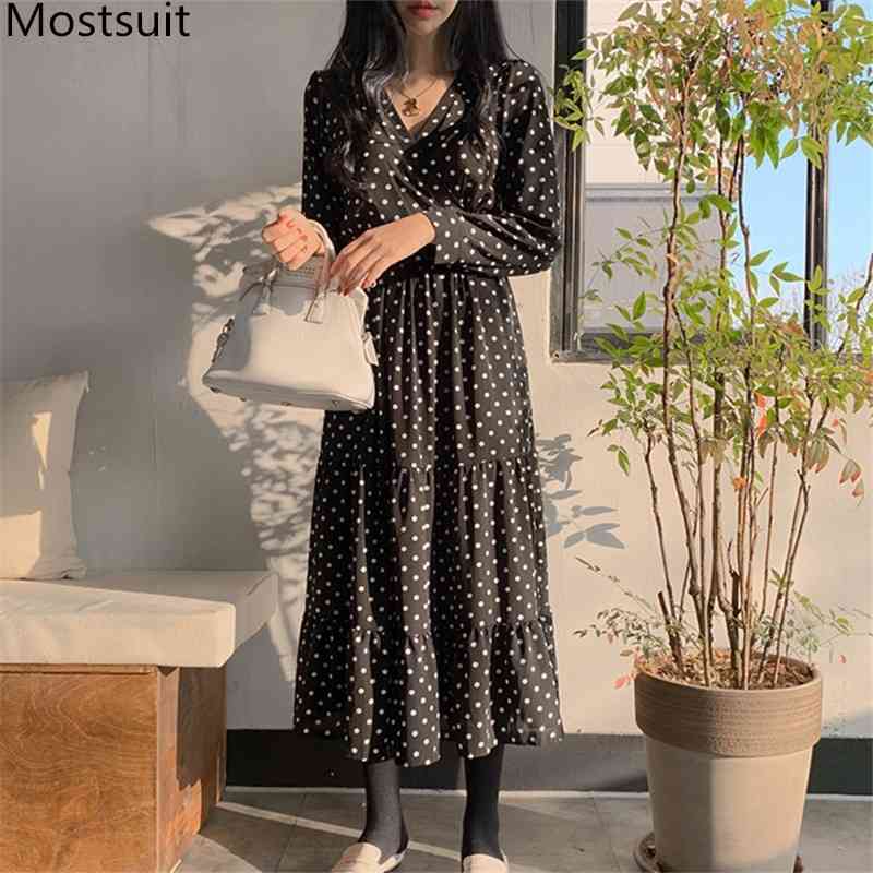 

Autumn Korean Dot Printed Long Dress Women Sleeve V-neck Elastic Waist A-line Pleated Dresses Vintage Fashio Vestidos 210518, Black