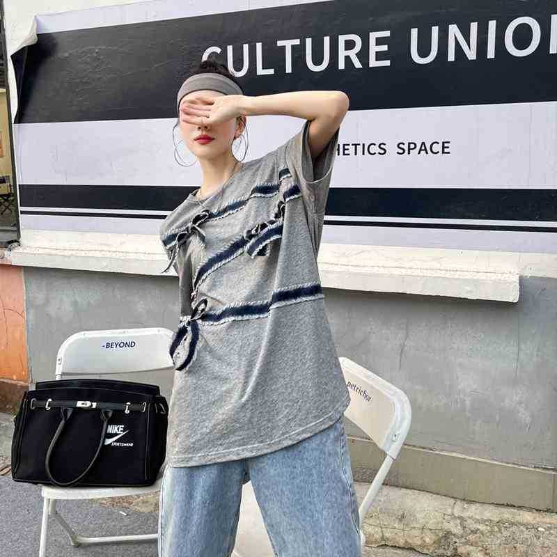 

women's t-shirt short sleeve tees streetwear t shirt crewneck bow summer fashion women white grey loose tshirt y2k 98ed