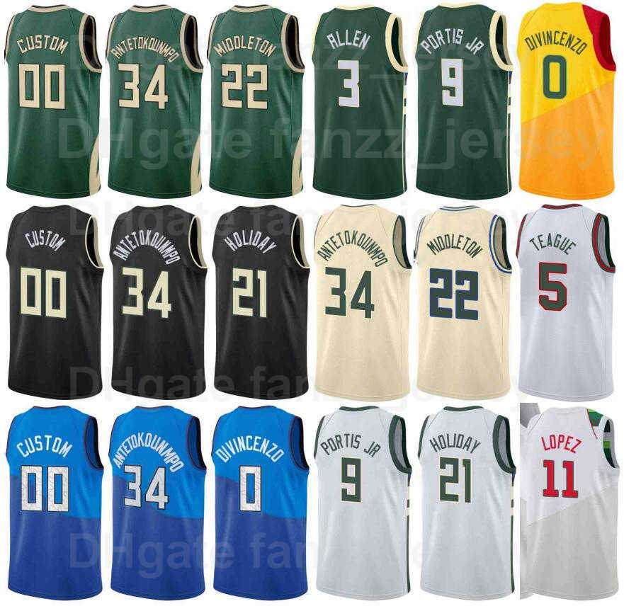 

Screen Print Basketball Giannis Antetokounmpo Jersey 34 Khris Middleton 22 Jrue Holiday 21 Donte DiVincenzo 0 Bobby Portis 9 Brook Lopez 11 Team Man Woman Youth, Black