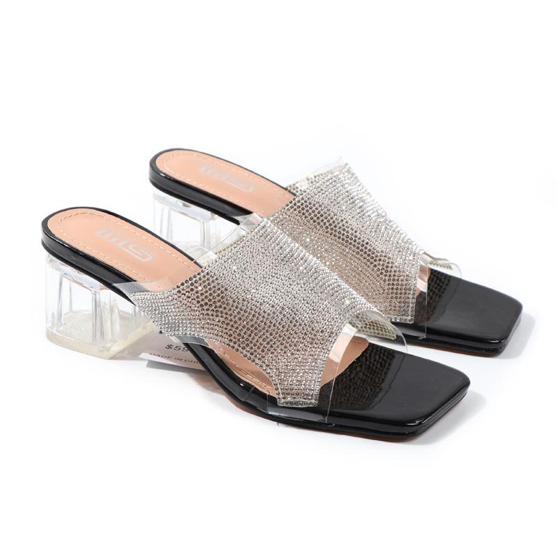 

Sandals Summer Women High Heel Shoes Casual Rhinestone Square Toe Pumps Peep Female Elegant Ladies Zapatos Mujer, Black