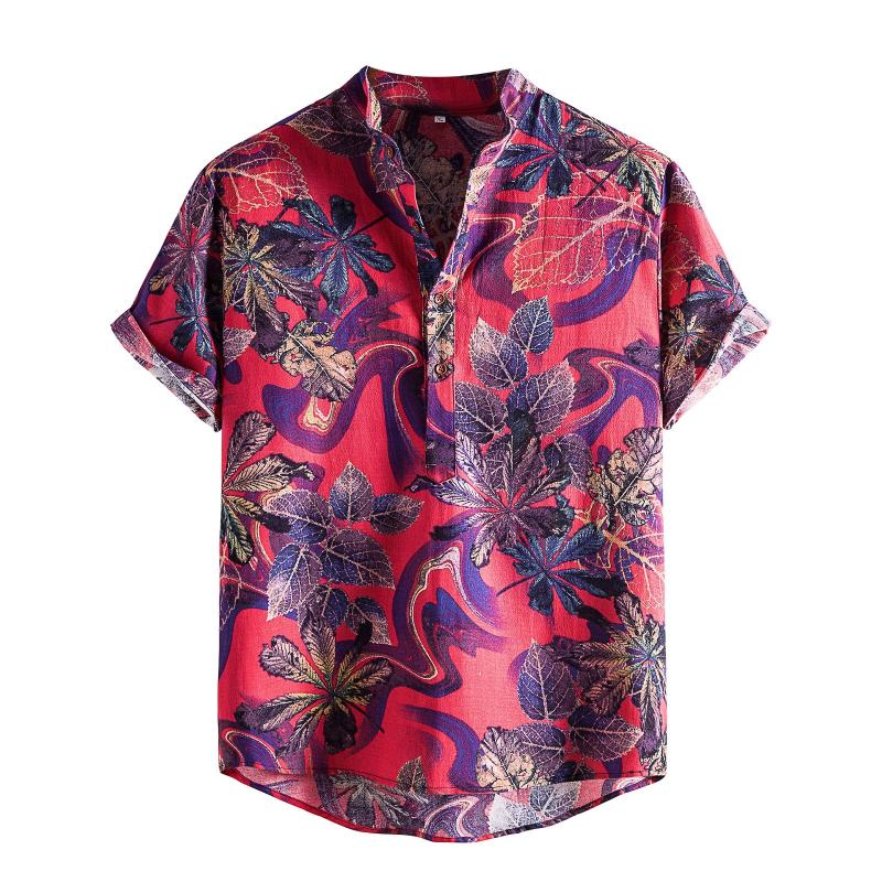 

Men's Casual Shirts 2021 Bohemia Button Wild Camicias Fashion Print Hawaii Vacation Short-sleeved Shirt Blouses Tops, Pink