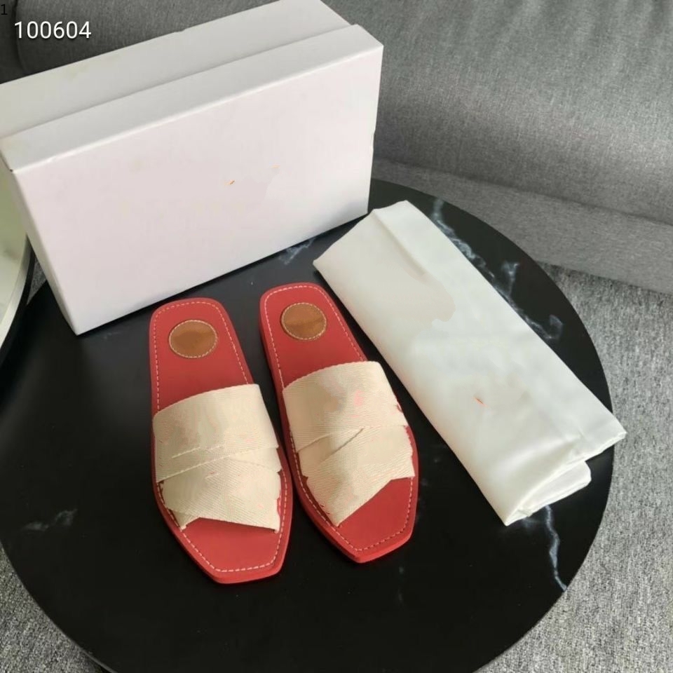 

2021est Branded Women Woody Mules Fflat Slipper Deisgner Lady Lettering Fabric Outdoor Leather orange black Sole Slide Sandal size 35-42 mjk002