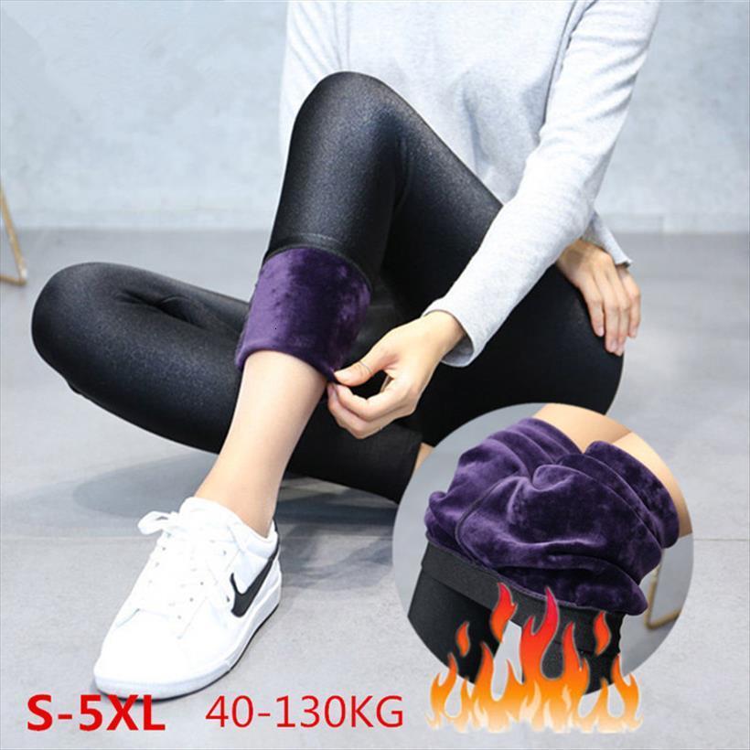 

plus size 5xl thick women leggings velvet mink cashmere glossy pants warm high waist stretch fitness femme quality, Black