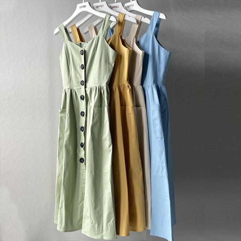 

summer 97%cotton camisole beach midi womens dresses with pockets front button sundress stretch bust, Black;gray