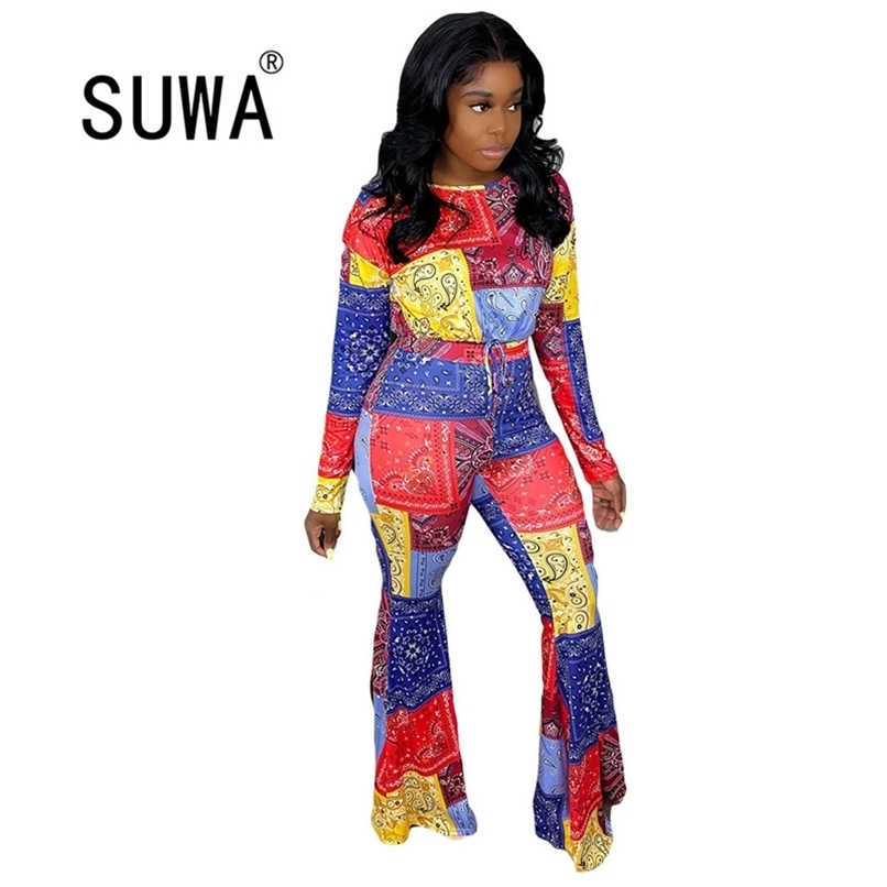 

INS Vintage Casual 2 Piece Pants Set Women Long Sleeve Top Tunic + High Waist Flare Sexy Club Outfits Wholesale 210525, Multi