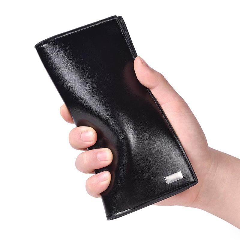 

Wallets Wallet Men's Wax Oil Skin Long Mens Business Soft Leather Purse Pocketpartmon Billetera Cuero Boton Hombre Coin, Black