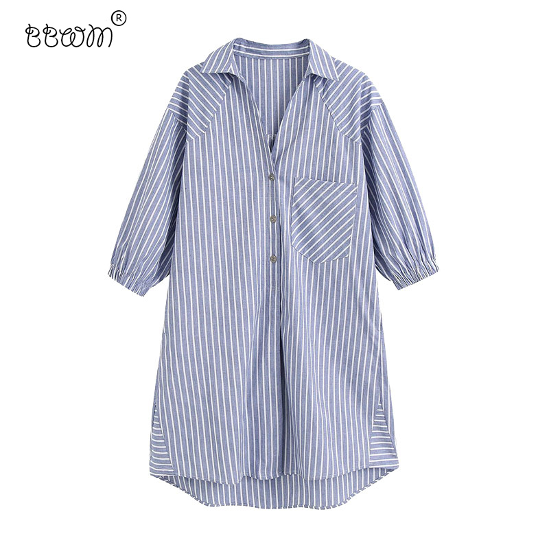 

Women Chic Fashion Pockets Striped Loose Midi Shirt Dress Vintage Long Sleeve Asymmetric Female Dresses Vestidos 210520, As picture