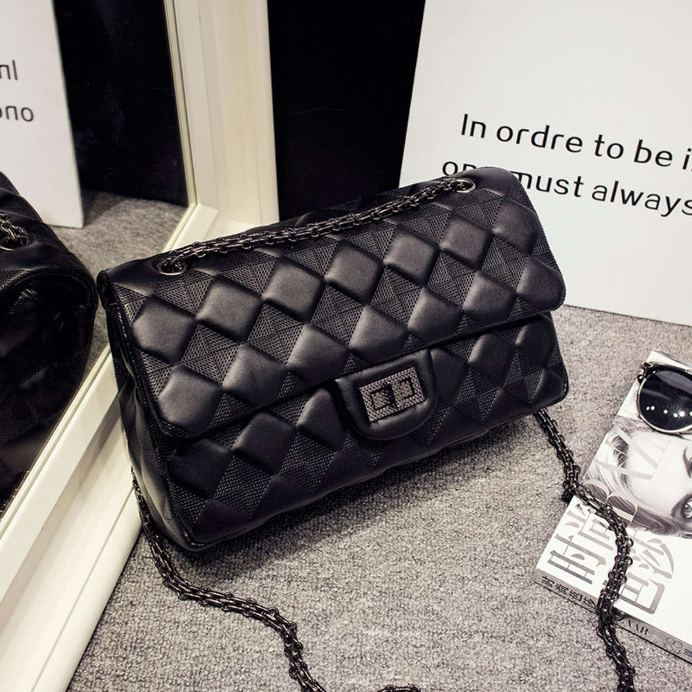 

HBP Fashion 2021 new summer women's bag trend leather sheepskin rhombic chain one shoulder slant, Black