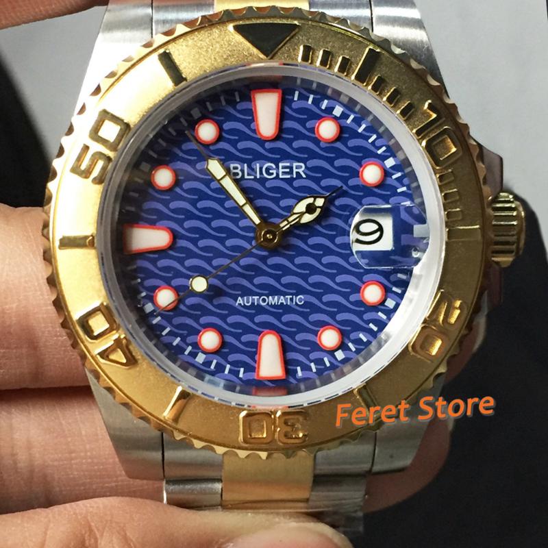 

Wristwatches 40mm Top Luxury Blue Dial Sapphire Glass Automatic MIYOTA Movement Mental Strap Stainless Steel Gold Case Men Watch