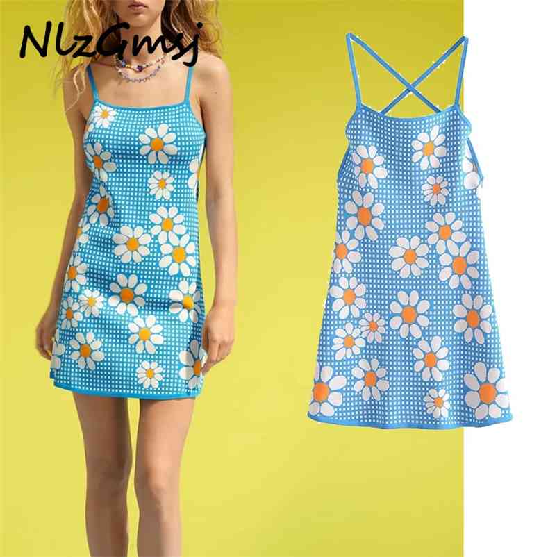 

Women Dress Knitted Blue Sunflower Mini Woman Summer Casual Slip Backless Ladies 05 210628, As picture