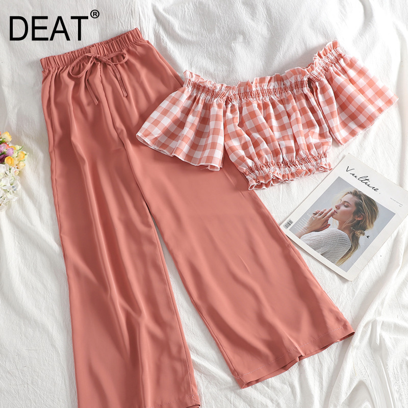 

Women Long Pants Slash Neck Plaid Ruffles Two Piece Set Fashion Temperament Spring Summer 11D371 210525, Blue