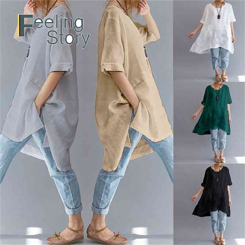

Cotton Linen Blouse 5XL Plus Size Top O Neck Loose Short Sleeve Shirt Summer Long  for Women Irregular Hem 210603, Black