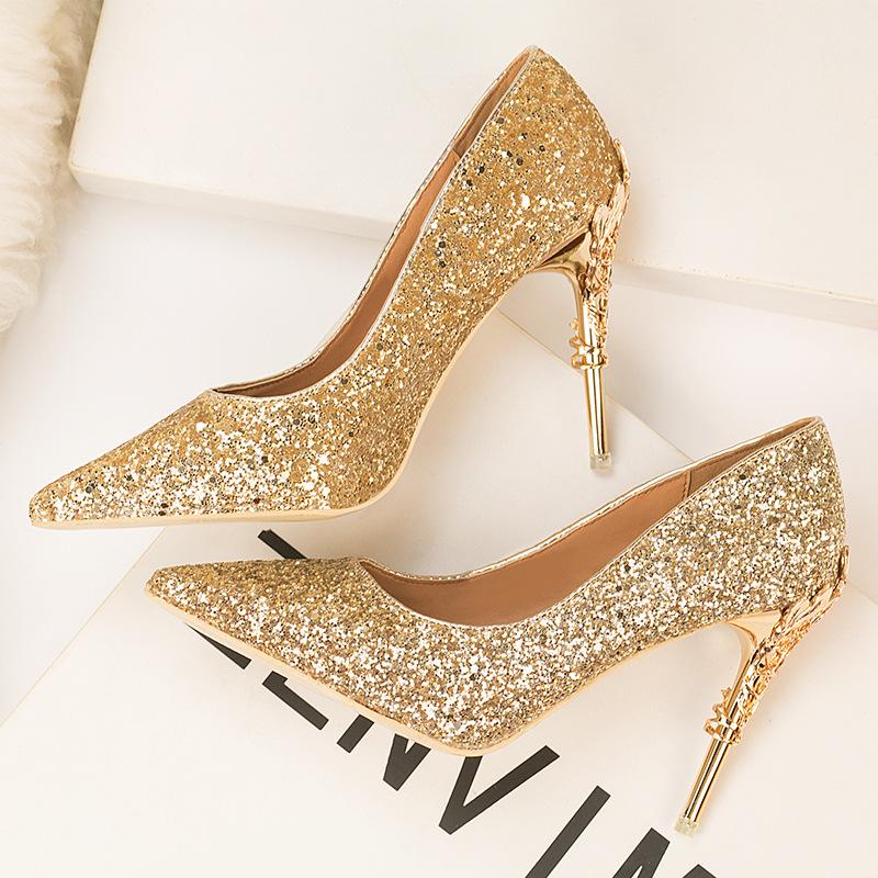 

Dress Shoes Pumps Women Fashion Sexy Nightclubs High-heels Lighter Pointed Toe Sequined Thin Heels Shining Female, Gold
