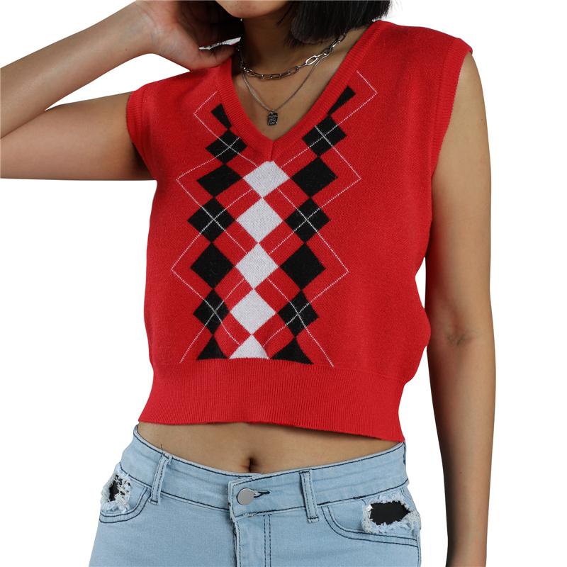 

Women' Tanks & Camis Women Casual V-neck Knitted Vest Red Plaid Printed Pattern Sleeveless Tops / M/ L/ XL