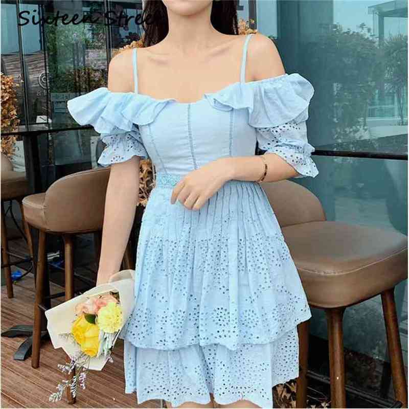 

Summer blue cake dress woman short puff sleeve slash neck casual mini runway design ruffle white vestidos 210603, Sky blue